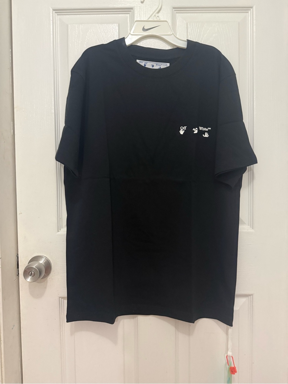 Off-White Black Crewneck T-Shirt with Small White Chest Graphic